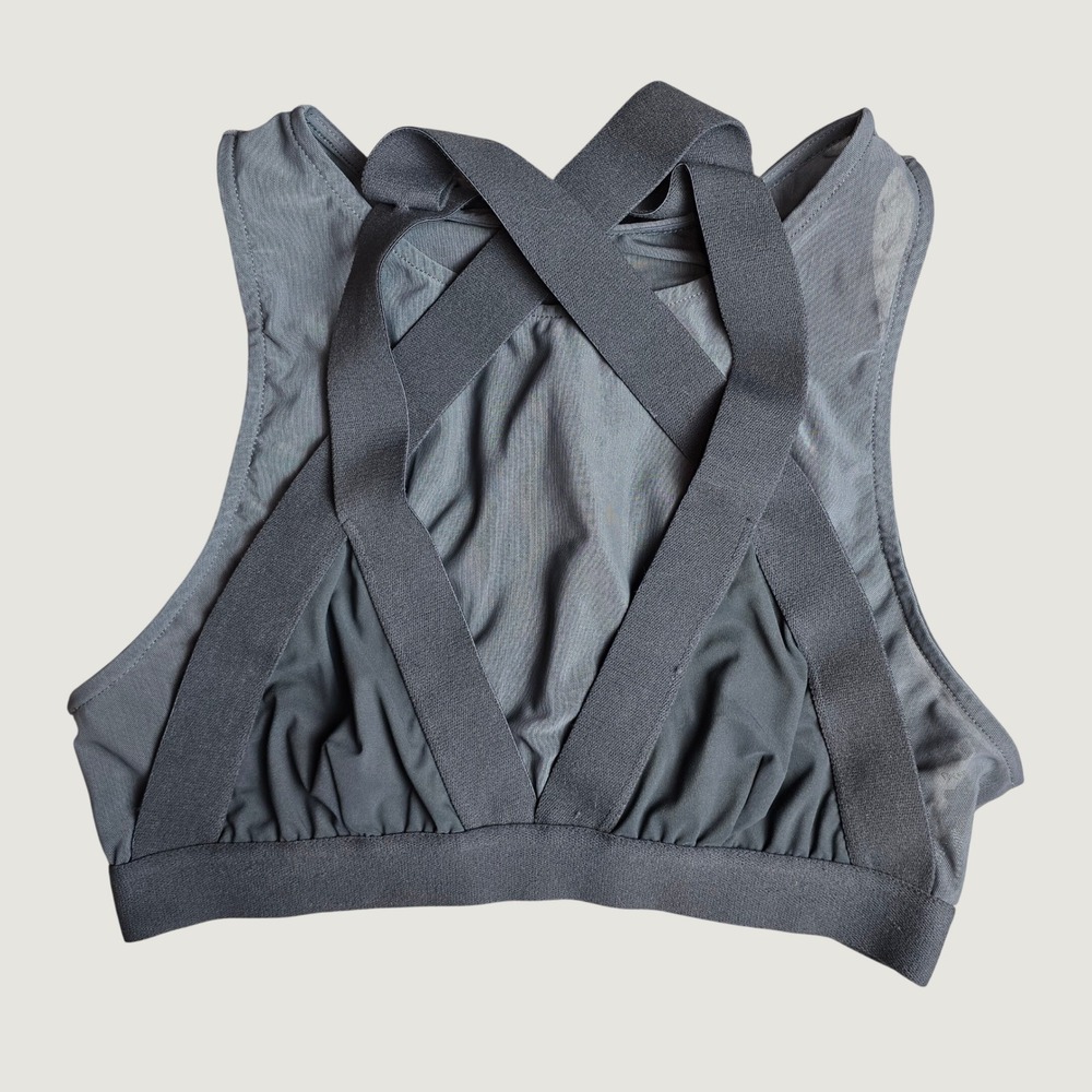 Alo Yoga So Strappy Bandage Bra Sports Bra Charcoal Gray High Neck Mesh Size L